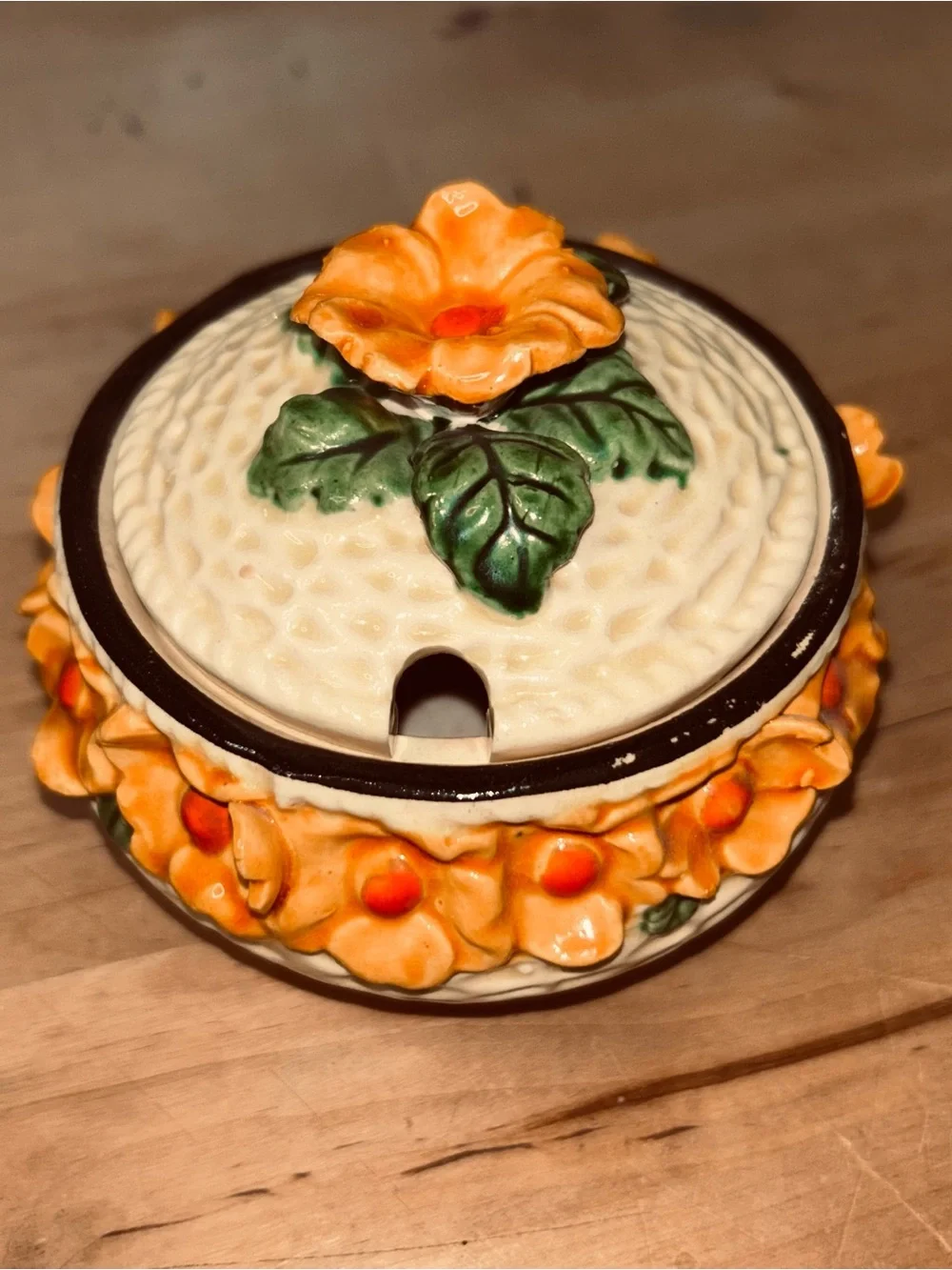 Vintage Japanese Marutomo Preserve Jam Honey Jar Pot Cream with Orange Flowers